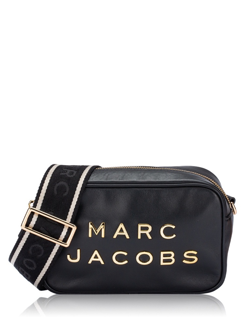 Marc Jacobs Black Leather Crossbody with Gold Logo and Striped Strap